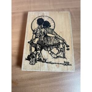 Hampton Art Rubber Stamps NORMAN ROCKWELL SUNSET KIDS BENCH LOOKING AT MOON 1999